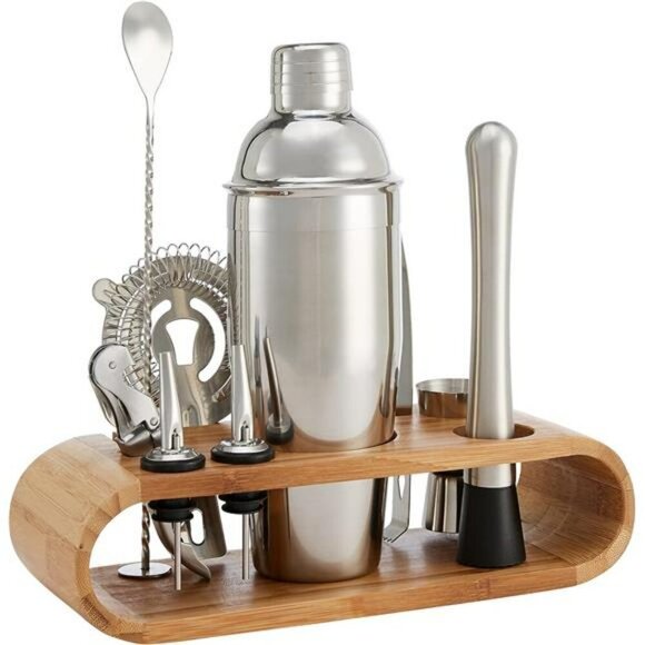 Stainless Steel Bar Tool Set 10 Piece with Cocktail Shaker Bamboo Stand - Picture 1 of 6